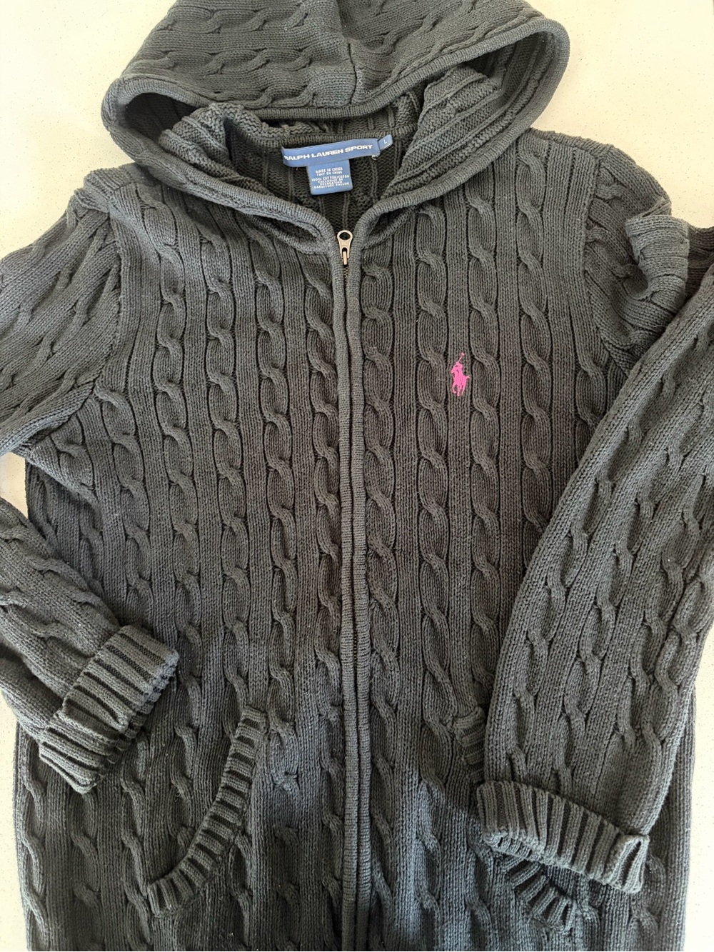 Vintage Ralph Lauren Sport Cable Knit Hoodie Sweater - black with Pink Logo